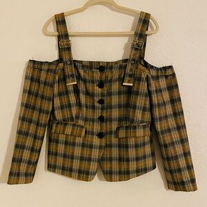 TOV Plaid Cold-Shoulder Button Front Top with Buckle Straps